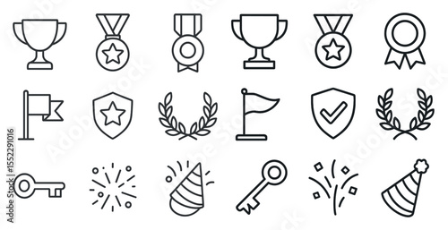 Set of icons for various awards and prizes. The icons include a trophy, a key, a shield, a star, and a flag. Scene is celebratory and triumphant, as these icons represent recognition and achievement