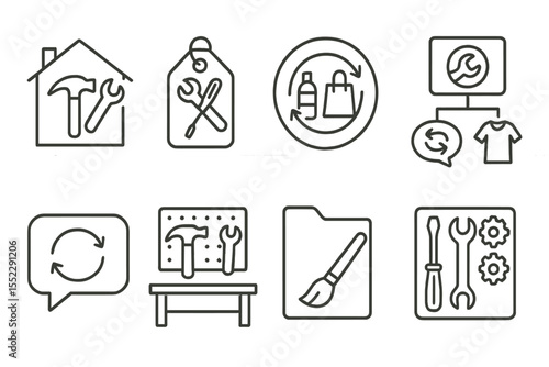 Eco Home Icon Set. Line style icons of eco home habits: DIY repair icon, fix-it tools tag, upcycling badge, eco repair guide chart