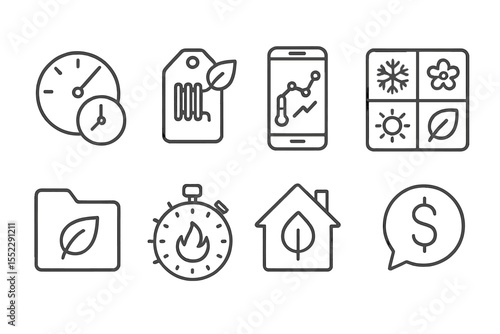 Eco Home Icons. Line style icons of eco home habits: thermostat schedule icon, programmable heating tag, smart temperature chart,