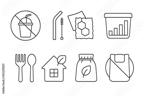 Eco Home Line Icons. Line style icons of eco home habits: no single-use plastics badge, reusable straw icon, beeswax wrap file,