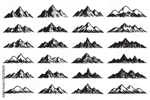 Mountain range silhouettes collection, graphic design elements, minimalist mountains, high altitude peaks, outdoor adventure, nature vector, graphics icon set