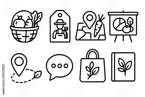 Eco Home Icons. Line style icons of eco home habits: local products icon, farmer’s market tag, regional food badge, fresh produce