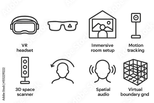 Home AR_VR Setup. Line style icons of AR and VR at home: VR headset, AR smart glasses, immersive room setup, motion tracking