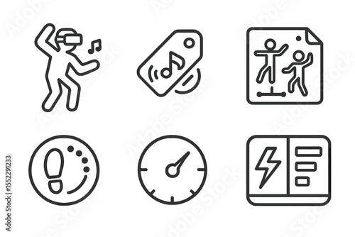 Home VR Dance Icons. Line style icons of AR and VR at home: dance with VR, rhythm movement tag, choreography guide chart, pose