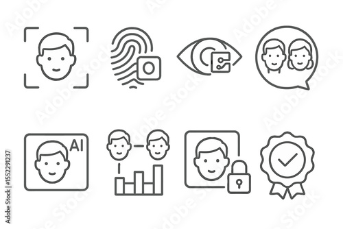 Digital Identity Icons. Line style icons of digital identity: biometric face scan, fingerprint recognition, digital retina tag,