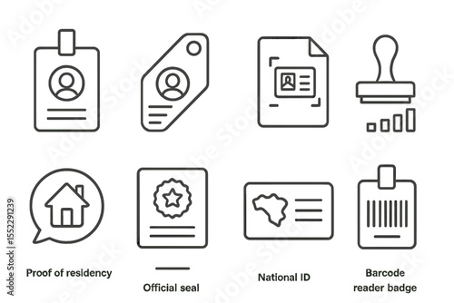 Digital Identity Icons. Line style icons of digital identity: identity badge icon, government-issued ID tag, ID card scanner file,