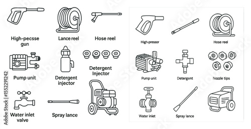 Set of tools and equipment for cleaning and washing. The tools include a high-pressure gun, a hose, a spray nozzle, and a water hose