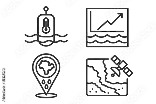 Climate Technology Icons. Line style icons of climate technologies: ocean temperature tracker, sea level rise chart, ice melt map,