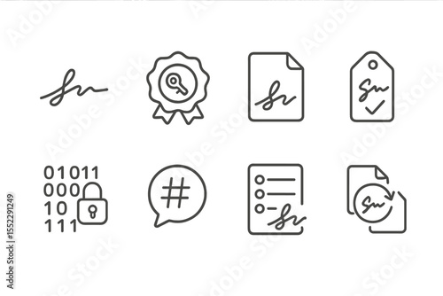 Digital Identity Icons. Line style icons of digital identity: digital signature icon, cryptographic key badge, sign document file,