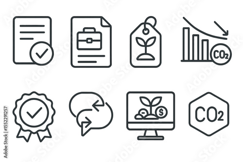 Climate Tech Icons. Line style icons of climate technologies: carbon credit system icon, trading platform file, offset project tag