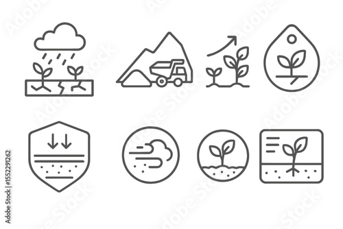 Ecosystem Regeneration Icons. Line style icons of ecosystem regeneration: degraded land recovery, mining site icon, regrowth