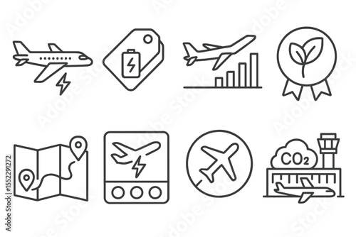 Climate Tech Icons. Line style icons of climate technologies: electric aviation icon, battery-powered aircraft tag, air travel