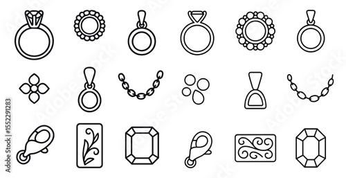 Collection of jewelry pieces, including necklaces, bracelets, and rings. The pieces are all different shapes and sizes, and some have gemstones or other embellishments