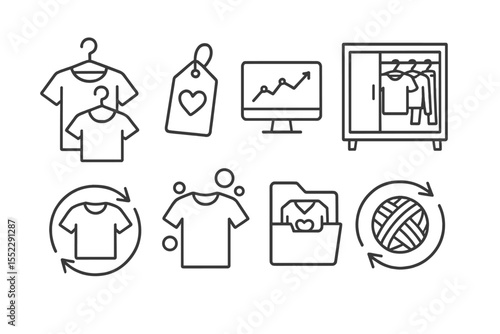 Ethical Fashion Icons. Line style icons of ethical consumption: secondhand clothing icon, vintage fashion tag, resale platform