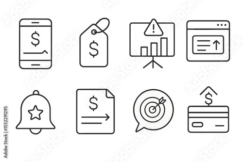 Line Style Banking Icons. Line style icons of mobile banking solutions: spending limit icon, budget control tag, alert threshold