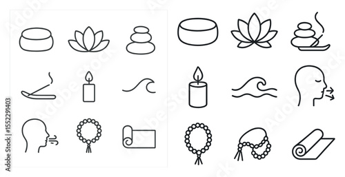 Collection of symbols and icons for yoga and meditation. The symbols include a lotus flower, a candle, a yoga mat, and a person. Scene is peaceful and calming