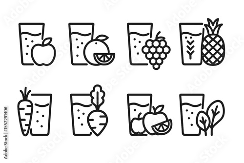 Line Style Juice Icons. Line style icons of juices: apple juice, orange juice, grape juice, pineapple juice. carrot juice,