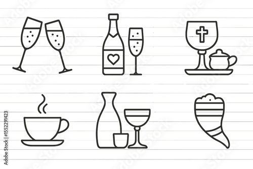 Ceremonial Drink Icons. Line style icons of ceremonial drinks: toast glasses, wedding champagne, ritual wine, sacred cup.
