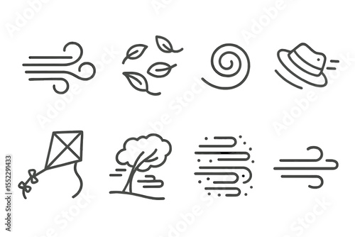Windy Weather Icons. Line style icons of windy weather: gust of wind, blowing leaves, wind swirl, flying hat. kite in air, bent