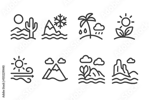 Climate Zone Icons. Line style icons of climate zones: desert heat, polar cold, tropical rain, temperate sun. ocean breeze,