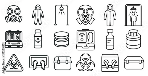 Set of icons for medical and safety equipment. The icons include a person in a hazmat suit, a shower, a bottle, a syringe, a box, and a suitcase