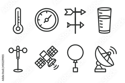 Weather Tools Icons. Line style icons of weather tools: thermometer, barometer, wind vane, rain gauge. anemometer, weather