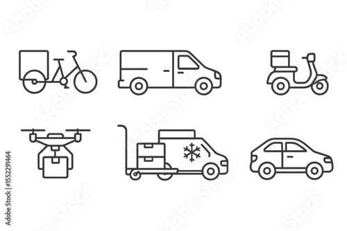 Delivery Vehicle Icons. Line style icons of delivery vehicles: cargo bike, delivery van, postal truck, scooter with box. express