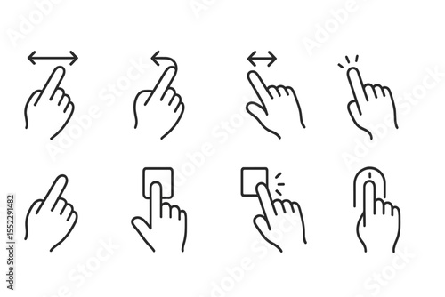 Gesture Icons Collection. Line style icons of interaction patterns: swipe left, swipe right, pinch to zoom, double tap. hold