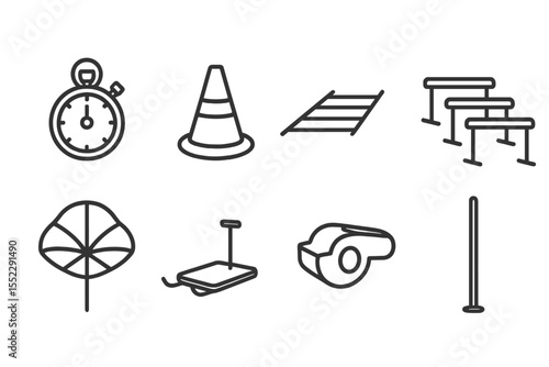 Athletic Training Icons. Line style icons of athletic training tools: stopwatch, cone marker, agility ladder, hurdles. resistance