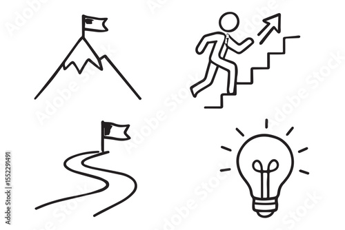 goal achievement mountain flag, person climbing stairs, path with flag, and light bulb symbolizing innovation graphics icon set
