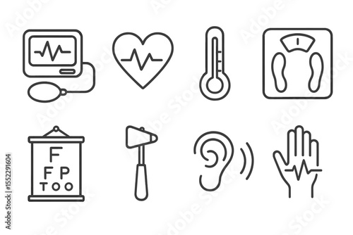 Health Check Icons. Line style icons of health check symbols: blood pressure monitor, heart rate icon, body temperature, weight