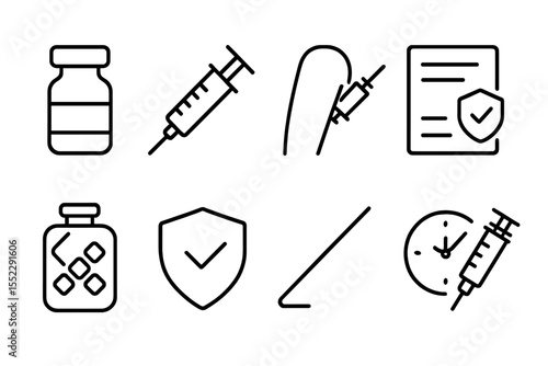 Vaccination Line Icons. Line style icons of vaccination: vaccine vial, syringe, injection site, vaccine certificate. cold pack,