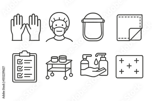 Surgical Prep Essentials. Line style icons of surgical prep: gloves, hair cover, face shield, sterile pack. procedure checklist,