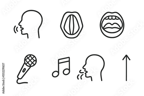 Voice Instrument Icons. Line style icons of voice instruments: human voice, vocal cords, singing icon, mouth open. vocal mic,
