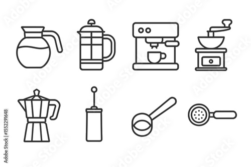 Coffee Equipment Icons. Line style icons of coffee equipment: coffee pot, French press, espresso machine, coffee grinder. moka pot