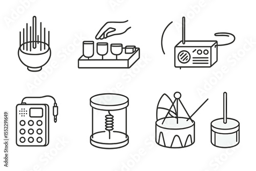 Experimental Instrument Icons. Line style icons of experimental instruments: waterphone, glass harp, noise box, theremin.