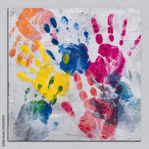 Colorful handprints of children painted on white textured background