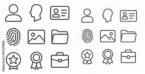 Set of icons for a computer program. The icons include a person, a passport, a folder, a star, a suitcase, a briefcase, a key, a fingerprint, and a mountain