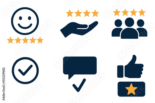Customer feedback and reviews icons, including stars, thumbs up, checkmarks, and messages, for rating and evaluation graphics icon set