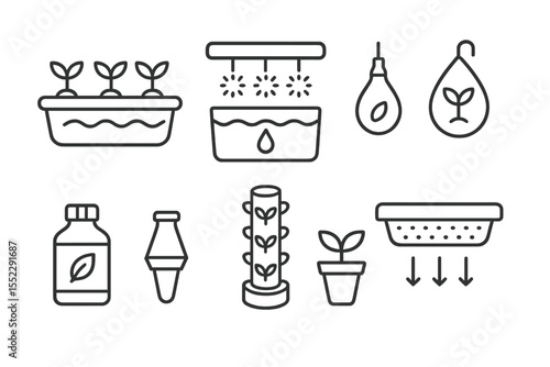 Hydroponic Garden Icons. Line style icons of hydroponic garden: hydroponic tray, water tank, light system, seed pod. nutrient