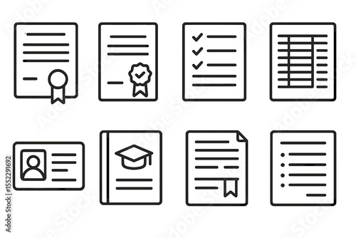 Academic Icons Set. Line style icons of academic documents: diploma, certificate, report card, transcript. student ID, graduation