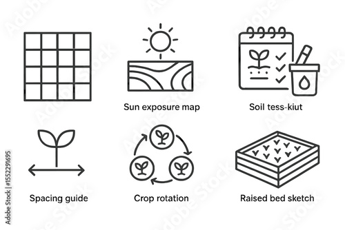 Garden Planning Icons. Line style icons of garden planning: grid layout, sun exposure map, planting calendar, soil test kit.