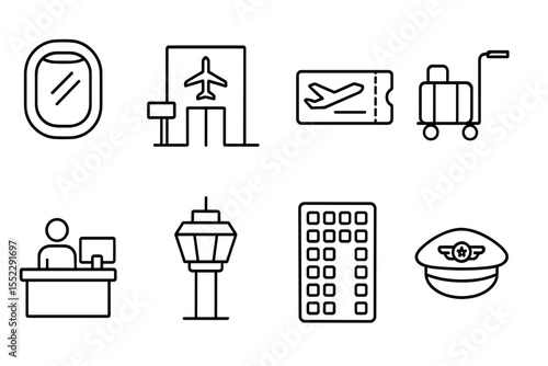 Line Style Air Travel Icons. Line style icons of air travel: airplane window, airport gate, flight ticket, luggage trolley.
