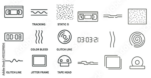 Set of icons for a video game. The icons include a clock, a video tape, a joystick, a controller, a screen, a camera, a microphone, a speaker, a microphone, a speaker, a joystick, a controller