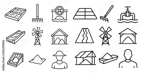 Series of icons depicting various farm tools and equipment. The icons include a rake, a shovel, a wheelbarrow, a tractor, and a windmill. Scene is one of hard work and manual labor