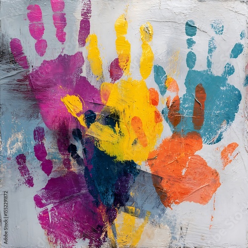 Vibrant colorful handprints layered on a textured gray background symbolizing unity and diversity