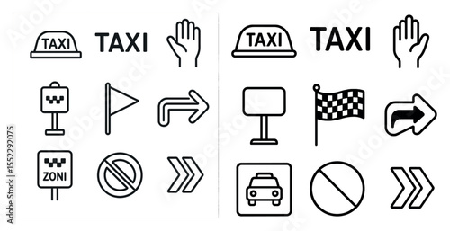 Collection of various symbols and icons related to transportation, including a taxi sign, a hand, and a car. Scene is that of a busy city street with lots of traffic and transportation options