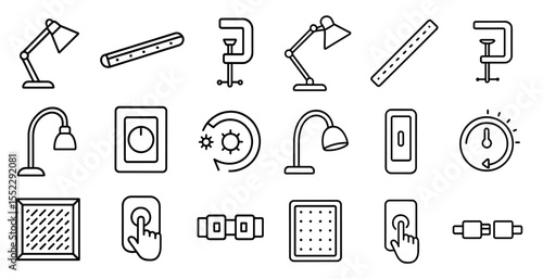 Collection of various objects and symbols, including a clock, a light switch, and a ruler