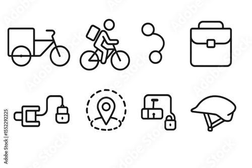 Bike Logistics Icons. Line style icons of bike logistics: cargo bike, bike courier, route icon, delivery bag. pedal icon, delivery