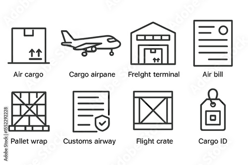 Air Freight Icons. Line style icons of air freight: air cargo box, cargo airplane, freight terminal, air bill. pallet wrap,